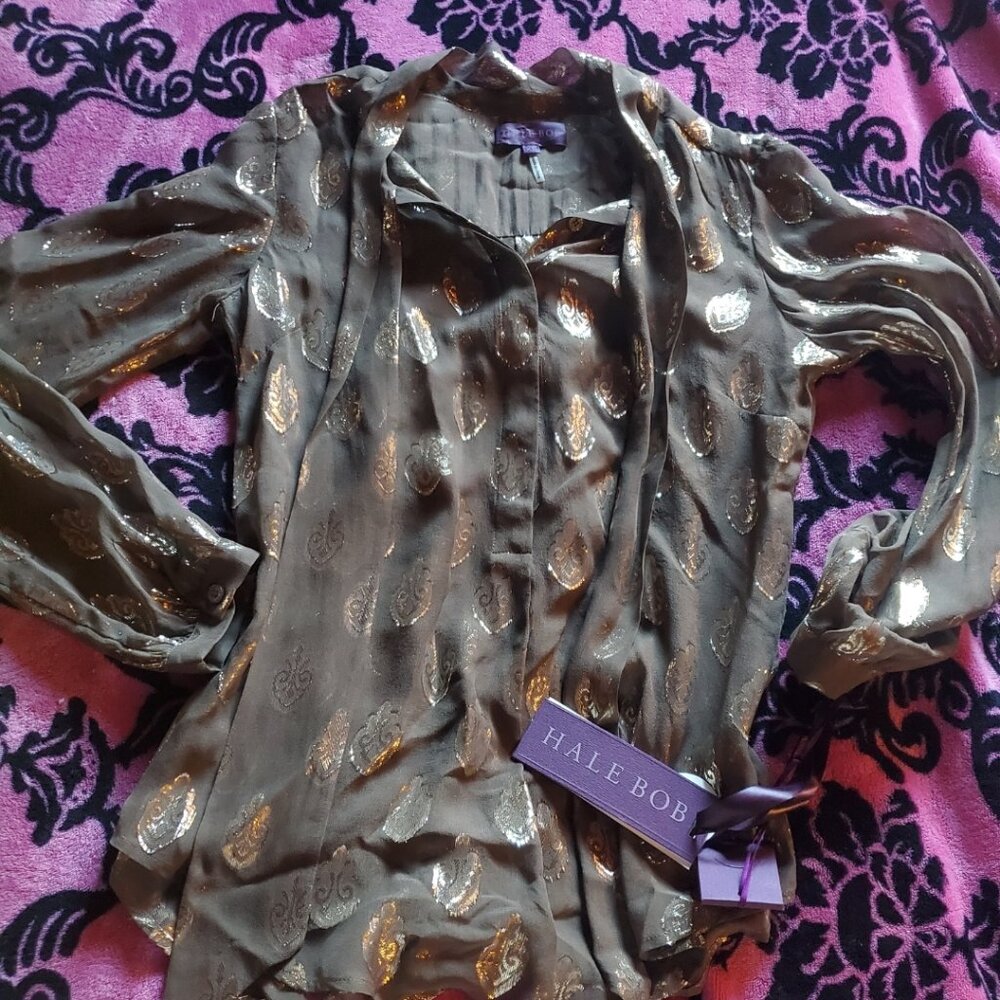 Hale Bob Sheer Brown Blouse NWT